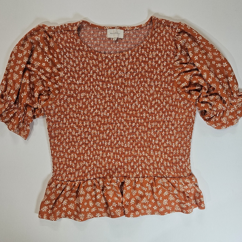 Melloday‎ Womens Blouse Medium Orange White Floral Ruffled Feminine Cottagecore